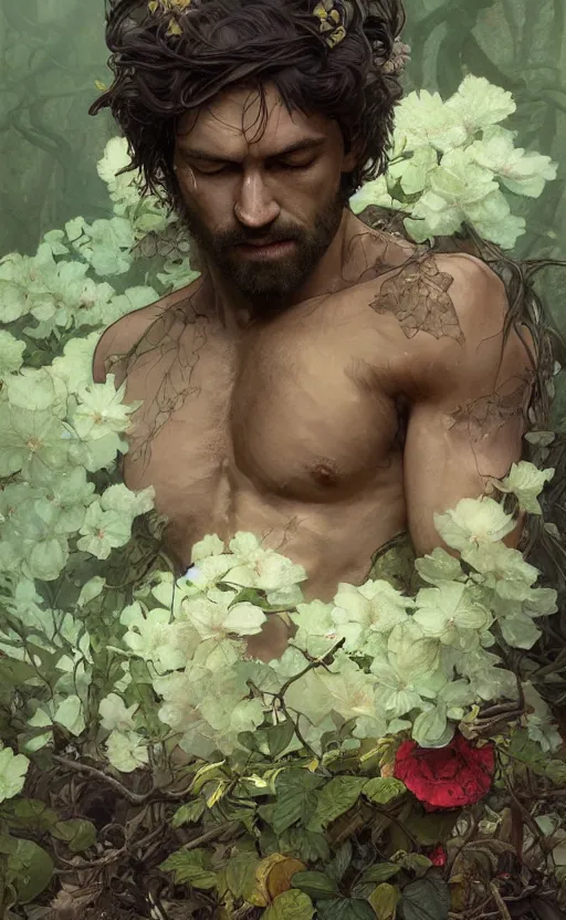 Image similar to god of the forest, 3 0 years old, rugged, handsome, male, detailed face, clean lines, atmospheric lighting, amazing, full body, thighs, flowers, muscular, intricate, highly detailed, digital painting, deviantart, concept art, sharp focus, illustration, art by greg rutkowski and alphonse mucha