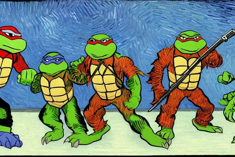 Prompt: teenage mutant ninja turtles meet the beastie boys, painted by vincent van gogh