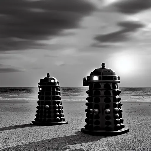 Prompt: Daleks storming Normandy beach, cinematic, dynamic lighting, High contrast, depth of field