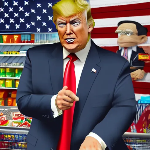 Prompt: donald trump without a suit in walmart, highly detailed, deep focus, elegant, digital painting, smooth, sharp focus, illustration, ultra realistic, 8 k