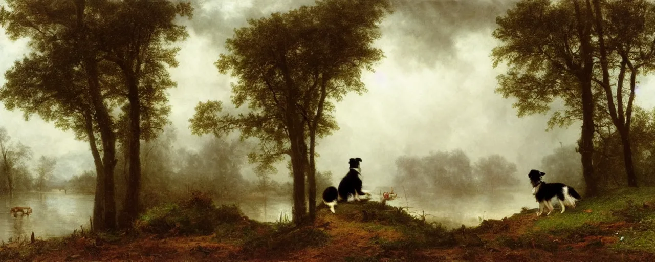 Prompt: a picture of a border collie by the lakeside in the rain, robert cleminson, carl friedrich deiker, albert bierstadt, heavy downpour, dog in the rain