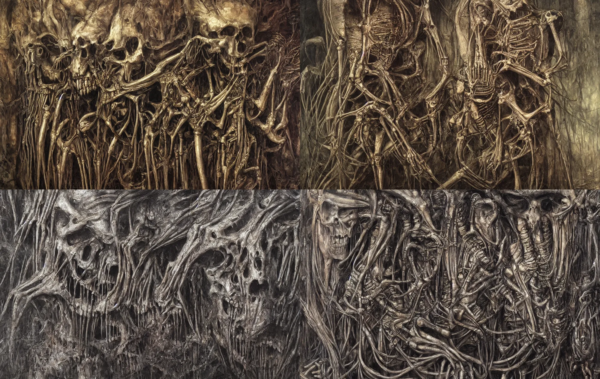 Prompt: closeup Skeletal mural by h.r giger, giger, Zdzislaw Beksinski, nekro, highly detailed, soft lighting, 8k resolution, oil on canvas