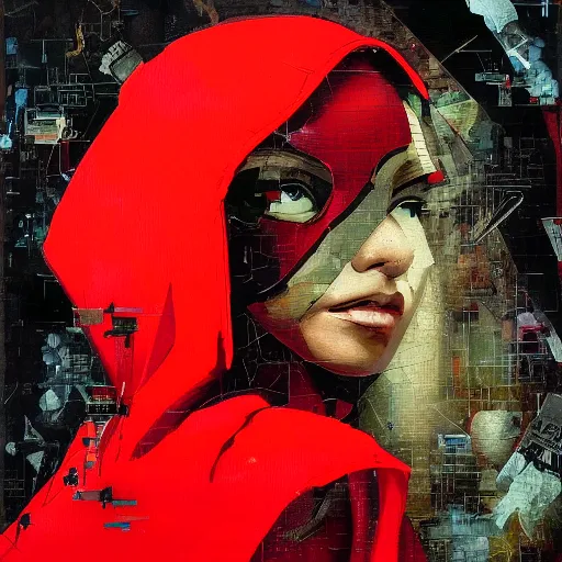 Image similar to portrait of a daydreaming melancholic latina woman in a red hood monk custome being progressively rasterized into pixels, surrounded by digital birds and a giant loving mecha robot, oil on canvas by yoji shinkawa, esao andrews and dave mckean