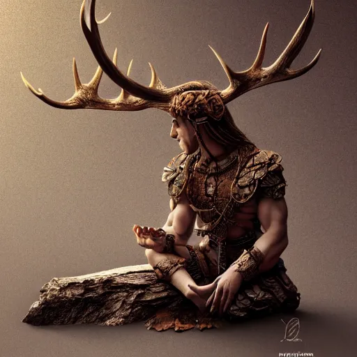 Prompt: warrior with surface of tree - bark, wearing stone wood vines antlers armor, sitting in lotus position, meditation, highly detailed, dramatic lighting, cinematic, sci - fi, hyperrealistic, detailed