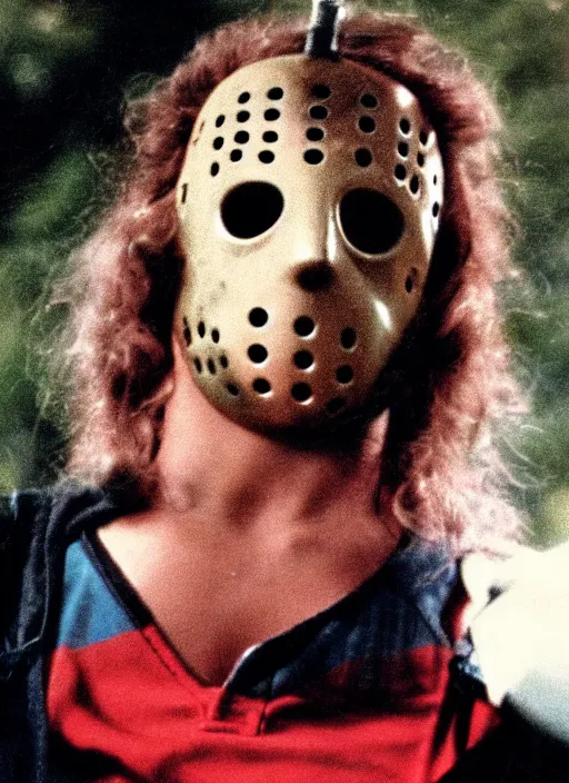 Prompt: high school year book photo of jason voorhees as a teenager looking awkward from the movie friday the 1 3 th, film shot, portrait photography, soft lighting, soft focus, ironic, 1 9 8 3, 2 4 mm iso 8 0 0