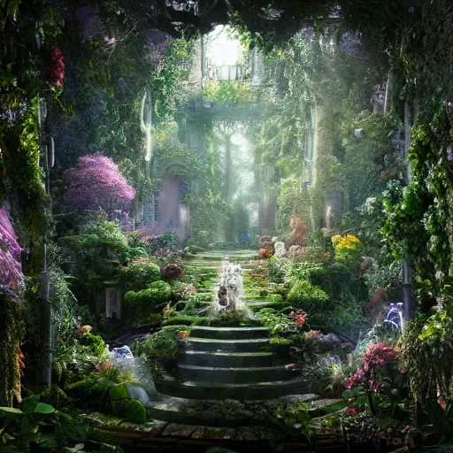 Prompt: mystical and beautiful secret garden, hyperrealistic photograph, dim volumetric lighting, 8 k, octane beautifully detailed render, extremely hyper detailed, intricate, epic composition, cinematic lighting, masterpiece, trending on artstation, very very detailed, stunning, hdr, smooth, sharp focus, high resolution, award, winning photo, dslr, 5 0 mm