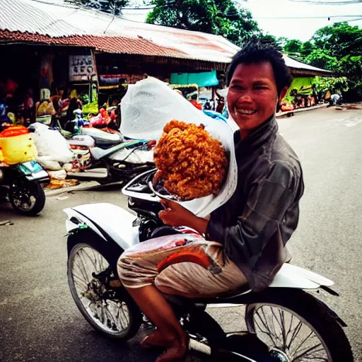 Prompt: “ selling fried chicken and sticky rice from a motorbike in thailand. ”