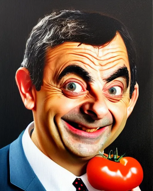 Image similar to portrait of mr bean smiling in a bowl full of baked beans, face covered in beans and tomato sauce, rowan atkinson, mr bean face, oil painting, highly detailed