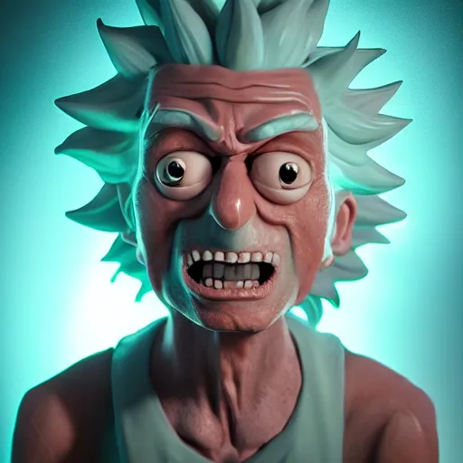 Image similar to full body pose, hyperrealistic photograph of rick sanchez from rick and morty, dim volumetric lighting, 8 k, octane beautifully detailed render, extremely hyper detailed, intricate, epic composition, cinematic lighting, masterpiece, trending on artstation, very very detailed, stunning, hdr, smooth, sharp focus, high resolution, award, winning photo, dslr, 5 0 mm