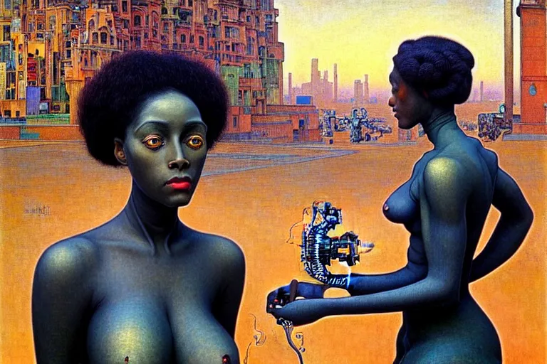 Prompt: realistic extremely detailed portrait painting of a beautiful black woman with a robot, city street on background by Jean Delville, Amano, Yves Tanguy, Ilya Repin, William Holman Hunt, Alphonse Mucha, Ernst Haeckel, Edward Robert Hughes, Roger Dean, rich moody colours