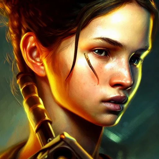 Image similar to realistic young Lara Croft portrait, atmospheric lighting, painted, intricate, volumetric lighting, beautiful, rich deep colors masterpiece, golden hour, sharp focus, ultra detailed, by Leesha Hannigan, Ross Tran, Thierry Doizon, Kai Carpenter, Ignacio Fernández Ríos