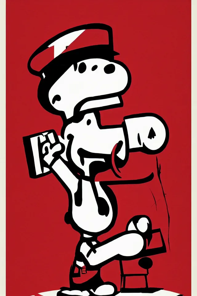 Image similar to an epic socialist realism poster of a singular communist snoopy in a red beret smoking a blunt for the proletariat
