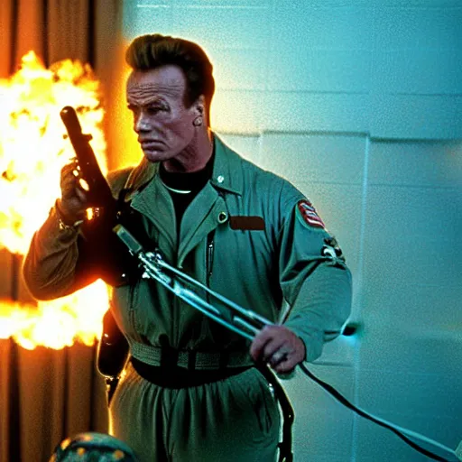 Image similar to stunning awe inspiring arnold schwarzenegger as a ghostbuster, movie still 8 k hdr atmospheric lighting