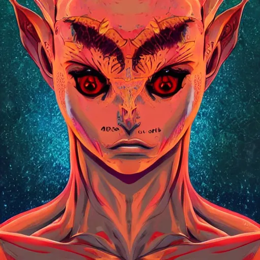 Prompt: 4K headshot of godlike Alien with defined arms and open hands and bloody clothes with giant mandala wings , intricate face , flawless anime cel animation by Kentaro Miura, psychedelic , highly detailed upper body , professionally post-processed , beautiful, scary, symmetry accurate features, epic, octane rendered, anime masterpiece, accurate by Craig Mullins, ilya kuvshinov, krenz cushart, epic , artgerm trending on artstation by Edward Hopper and Dan Mumford and WLOP and Rutkovsky, beksinski carl spitzweg moebius and tuomas kocar, intricate artwork by caravaggio, Unreal Engine 5, Lumen, Nanite