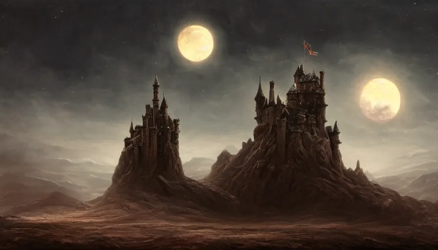 Prompt: Desolate landscape with menacing castle atop dark hill, cosmic beast flies overhead, oil painting, hyperrealistic, moonlit cinematic lighting