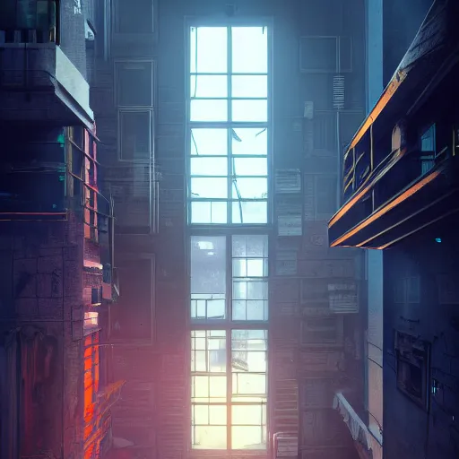 Image similar to One dilapidated building with only one window glowing. ArtStation, Cyberpunk, Vertical Symmetry, 8K, Highly Detailed, Intricate, Album Art.