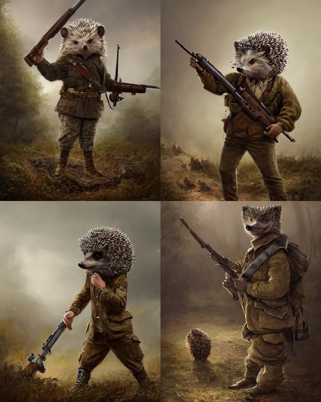 Prompt: anthropomorphic hedgehog, hedgehog as a war general in a commander outfit, holding a large wooden stocked rifle, in the style of greg rutkowski, symetrical, oryantalist, photo realistic, 8k, epic, ultra detailed, by filipo borghi , by diane arbus