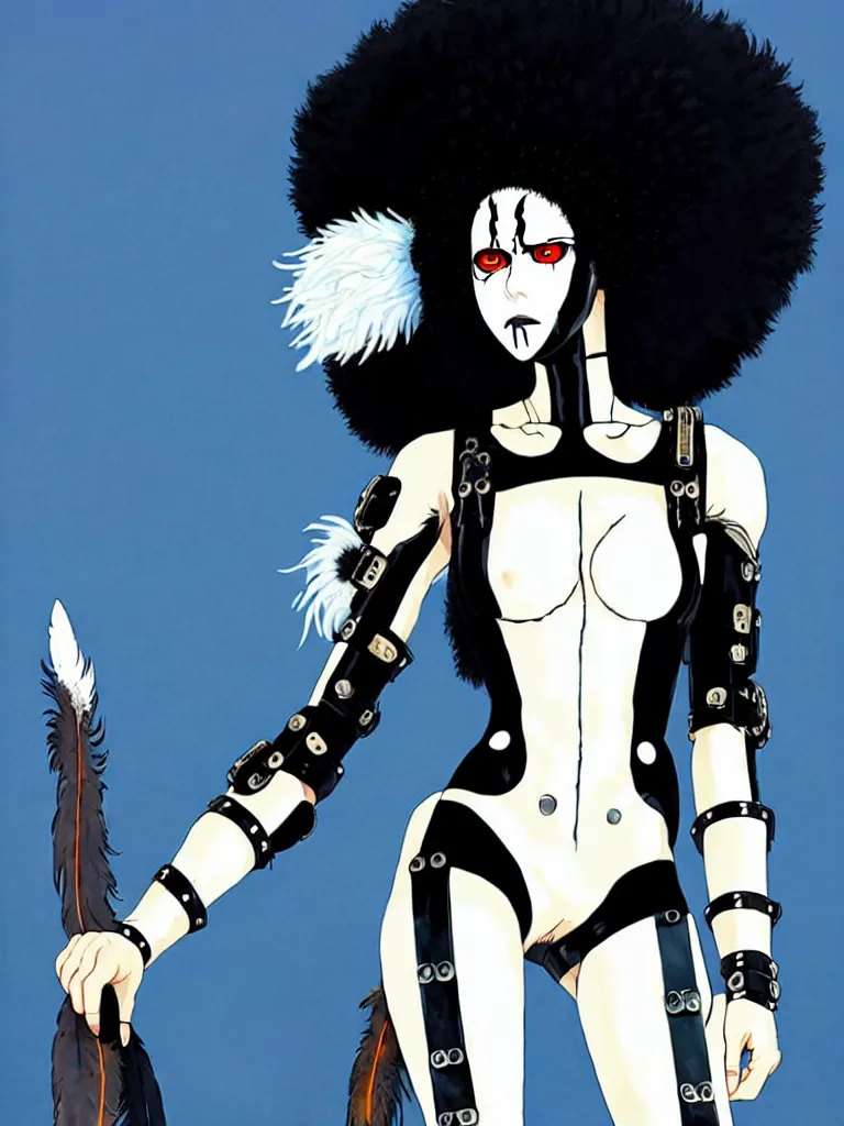 Prompt: one fierce looking beautiful young woman with afro hair and symmetrical white makeup, mad max, black leather straps, wearing intricate bodysuit and headdress made from white bones and black feathers, painted by makoto shinkai, studio ghibli,