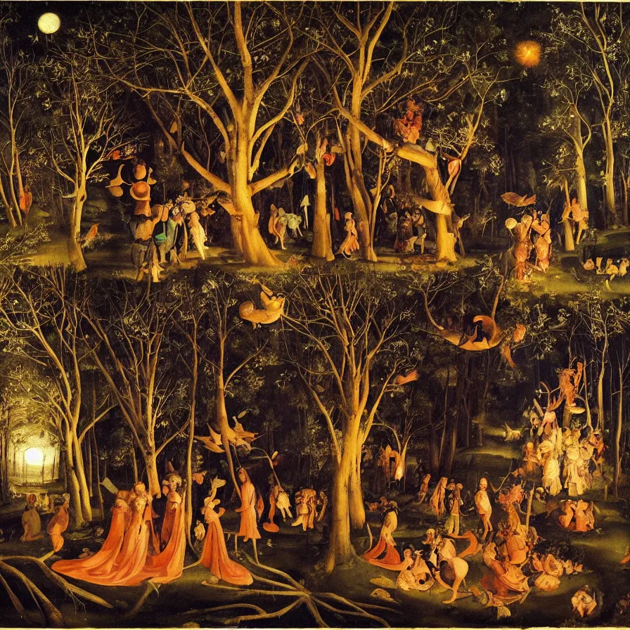 Image similar to renaissance painting of a night carnival around a magical tree cavity, with a surreal orange moonlight and fireworks in the background, next to a lake with iridiscent water, christmas lights, folklore animals and people disguised as fantastic creatures in a magical forest by summer night, masterpiece painted by coby whitmore, scene by night, dark night environment, refraction lights, glares