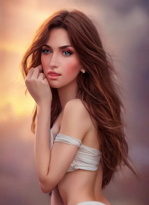 Prompt: a gorgeous greek female photo, professionally retouched, muted colors, soft lighting, realistic, smooth face, full body shot, torso, dress, perfect eyes, sharp focus on eyes, 8 k, high definition, insanely detailed, intricate, elegant, art by artgerm and j scott campbell