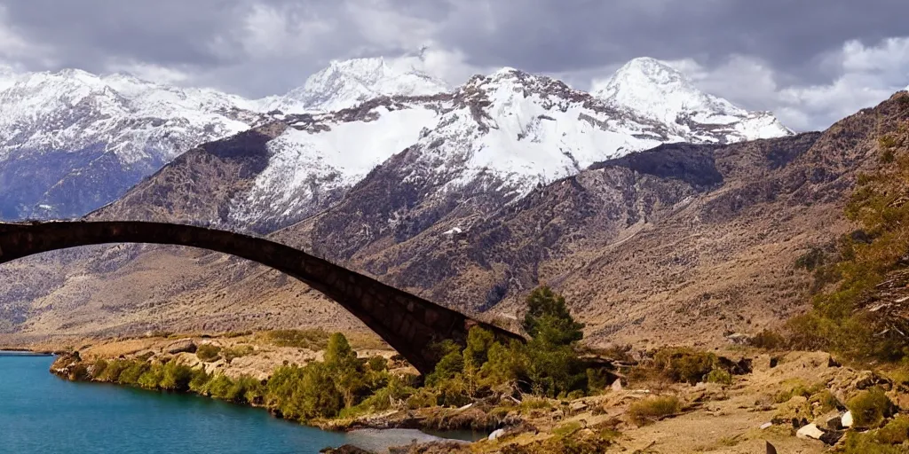 Prompt: Galaxy arch bridge, the foreground is snowy mountains and lakes, in the style of National Geographic magazine