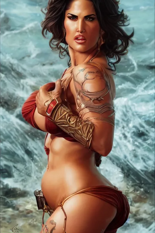 Image similar to muscled sunny leone as a ruggedly handsome heroine, intricate, elegant, highly detailed, centered, digital painting, artstation, concept art, smooth, sharp focus, illustration, art by artgerm and donato giancola and Joseph Christian Leyendecker, Ross Tran, WLOP