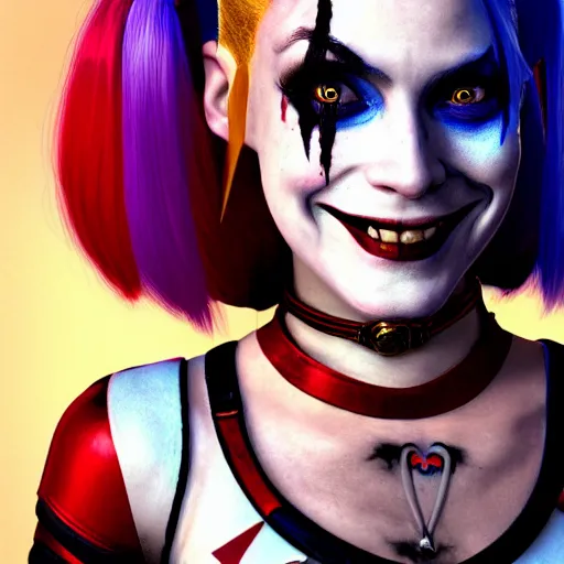 Image similar to Harley Quinn from the suicide squad, slim, smiling, portrait, fantasy, medieval, beautiful face, vivid colrs, elegant, concept art, sharp focus, digital art, Hyper-realistic, 4K, Unreal Engine, Highly Detailed, HD, Dramatic Lighting by Brom, trending on Artstation