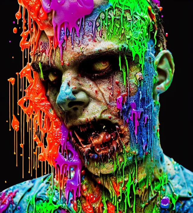 Image similar to beautiful 3 5 mm photograph of a slimy rotting zombie cop covered in colorful wet goop, dripping with colorful liquid, policeman, cop, biocop, intricate details, dark ambient, service cap, atmospheric, movie poster, poster, horror, elegant, super highly detailed, professional digital photo, artstation, concept art, 8 k