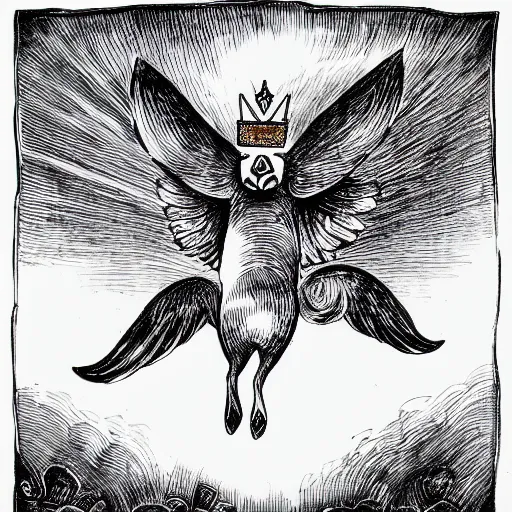 Image similar to black and white ink drawing of a flying pig with wings wearing a gold crown in the sky 8k