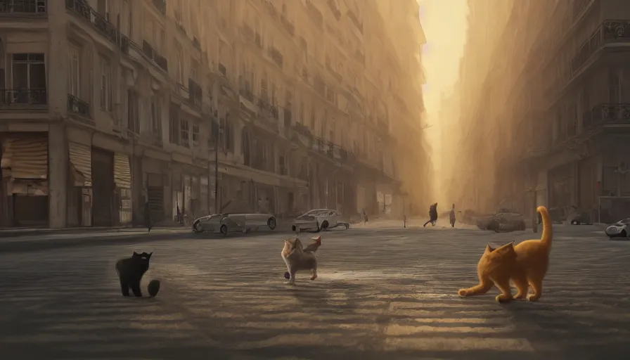 Image similar to cats crossing empty dusty streets of abandoned paris, heat wave, hyperdetailed, artstation, cgsociety, 8 k