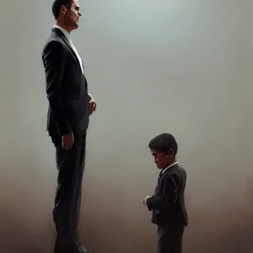 Image similar to oil painting of a man in a suit indifferent to an orphan boy who asks, by greg rutkowski, artstation