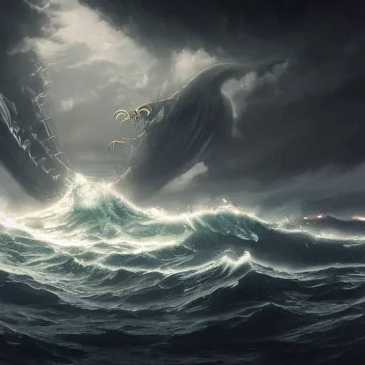 Prompt: a detailed matte painting of storming ocean, demons form the waves, sea creature with tenticles, dramatic lighting, super human in the air, epic proportion.
