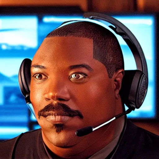 Image similar to obese Eddie Murphy wearing a headset yelling at his monitor while playing WoW highly detailed wide angle lens 10:9 aspect ration award winning photography by David Lynch esoteric erasure head