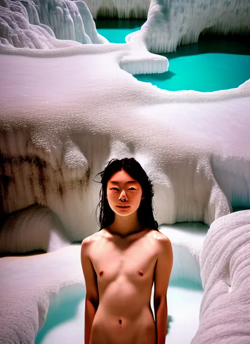 Image similar to Kodak Portra 400, 8K, soft light, volumetric lighting, highly detailed, britt marling style 3/4 ,portrait photo of teen Kasumi Arimura, the face emerges from Pamukkale, thermal waters flowing down white travertine terraces, inspired by Ophelia paint , a beautiful luxurious celestial suit and hair are intricate with highly detailed realistic beautiful flowers , Realistic, Refined, Highly Detailed, interstellar outdoor soft pastel lighting colors scheme, outdoor fine art photography, Hyper realistic, photo realistic