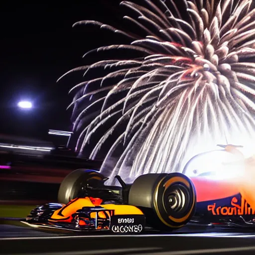 Image similar to close up portrait of max verstappen getting out of a mercedes f 1 car, dramatic shot, great photography, ambient light, night time, fireworks in the background