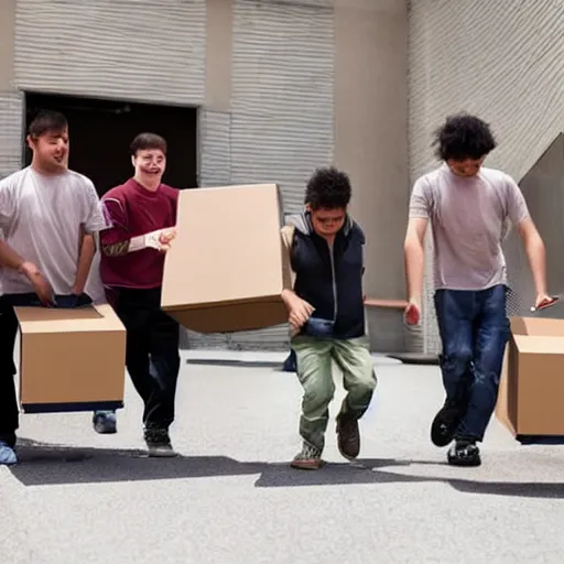 Image similar to 5 young disabled people with downsyndrome moving, they carry cardboard boxes