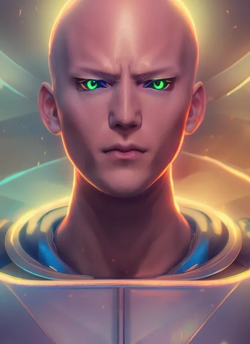 Image similar to glowwave portrait of saitama from overwatch, au naturel, hyper detailed, digital art, trending in artstation, cinematic lighting, studio quality, smooth render, unreal engine 5 rendered, octane rendered, art style by klimt and nixeu and ian sprigger and wlop and krenz cushart.