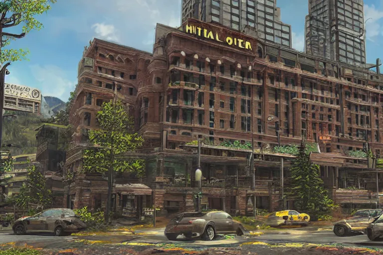 Image similar to realistic digital concept art of palliser hotel, calgary alberta being reclaimed by nature in the last of us, or horizon zero dawn, and tokyo genso style