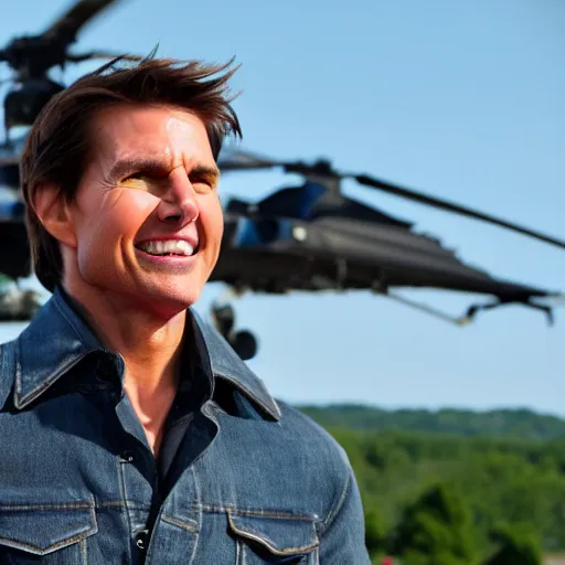 Image similar to Tom Cruise waving to fans. He's wearing bluejeans and a green jacket, Ralph Lauren. A helicopter is in the background. Shallow depth of field