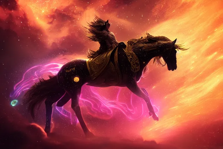 Image similar to a stunning horse made of a illuminated star chart running through a space nebula by greg rutkowski, high key lighting, volumetric light, digital art, highly detailed, fine detail, intricate, ornate, complex, octane render, unreal engine, photorealistic