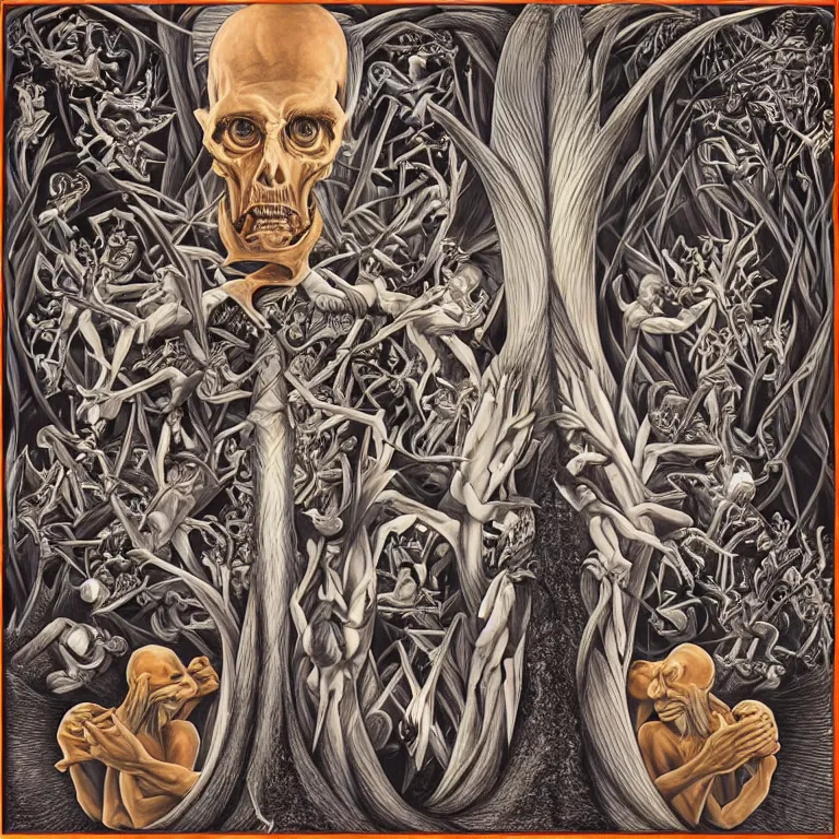 Prompt: transformation through death by Alex Grey and M. C. Escher collaboration