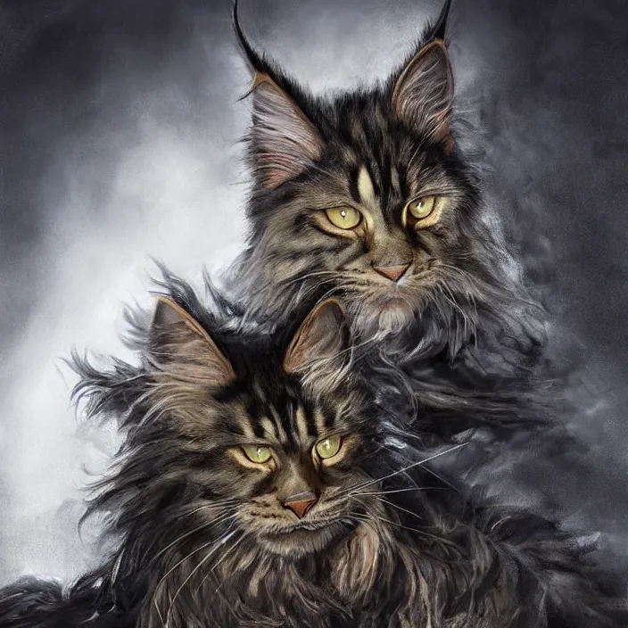 Image similar to Khajit with Maine Coon features and black fur holding two shortswords cloaked in shadow and wearing leather armor, white background, Fantasy, Tarot card style, Half Body Portrait, High detail, hyper realistic