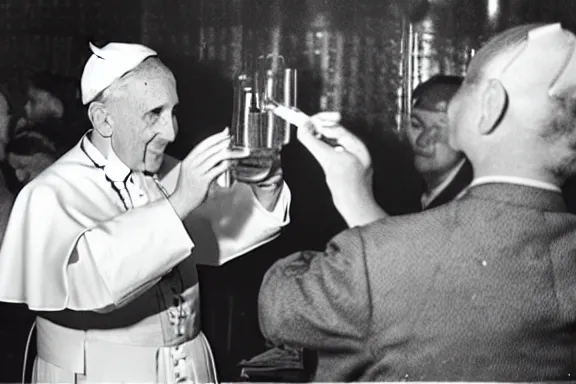 Image similar to a 1 9 5 0 s photo of the pope drinking at a bar