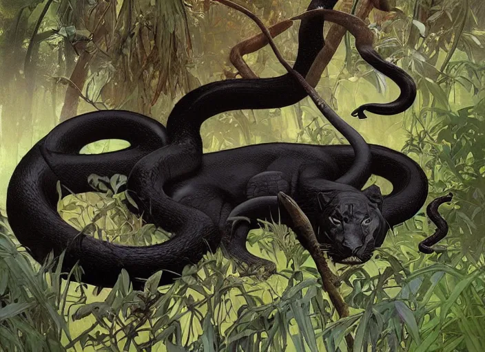 Prompt: animal concept of a black panther melanistic deep black leopard killing a snake, hunting an anaconda, on Singaporean forest tree, jungle, accurately portrayed, portrait art by alphonse mucha and greg rutkowski, highly detailed, digital painting, concept art, illustration, dim lighting with twilight rays of sunlight, trending on artstation, very detailed, smooth, sharp focus, octane render, close up