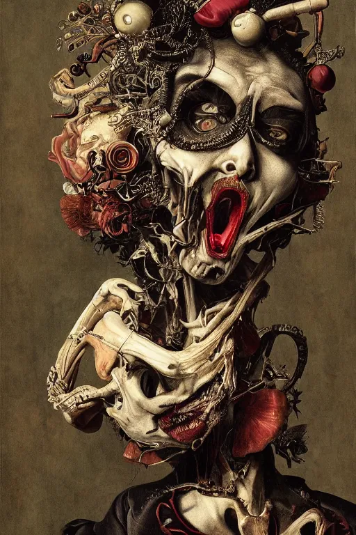 Image similar to Detailed maximalist portrait with large lips and with large wide eyes, angry expression, extra flesh and bones, HD mixed media, 3D collage, highly detailed and intricate surrealism, illustration in the style of Caravaggio, dark art, baroque