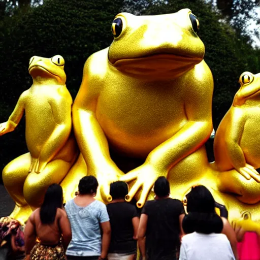 Image similar to people worship a huge golden frog statue