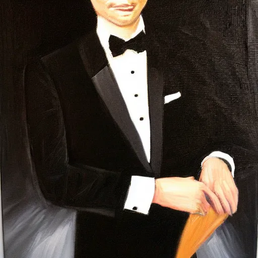 Prompt: michael stevens in tuxedo oil painting