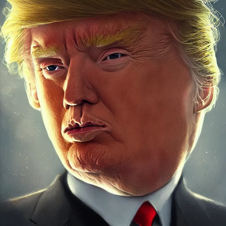 Prompt: a portrait of Donald Trump, his eyes glow yellow, in style of Tom Bagshaw, attractive, highly detailed portrait, scifi, digital painting, artstation, concept art, smooth, sharp foccus ilustration, Artstation HQ