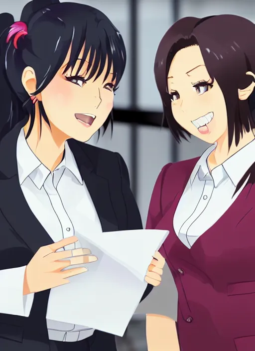 Image similar to two beautiful office ladies talking at work, gorgeous faces, thick lines, cinematic lighting, detailed anime art