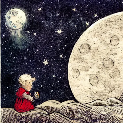 Image similar to dan morris celestial thinking moon portrait, surrounded by clouds, illustrated by peggy fortnum and beatrix potter and sir john tenniel